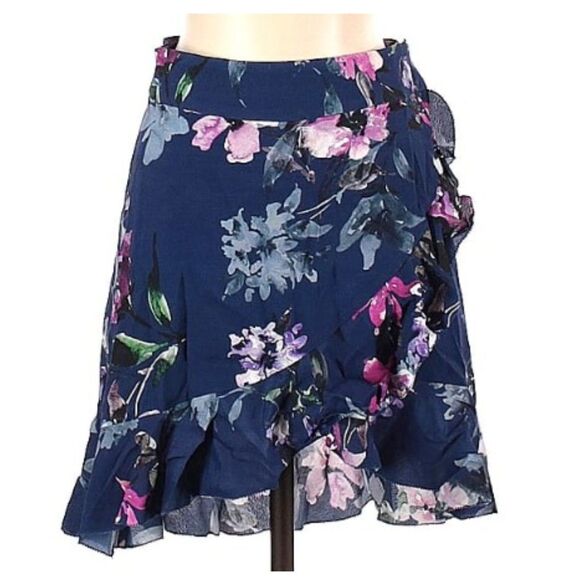 Blue Life Navy Floral Print Ruffled Faux Wrap High Low Skirt XS - Picture 1 of 9